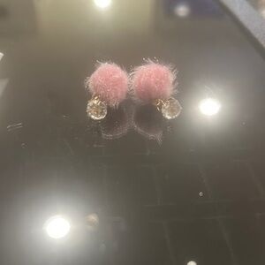 Pink Fuzzy Earrings with Crystal Drop